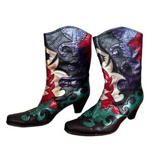 Vintage Margaret Jerrold colorful patchwork metallic leather cowboy boots.  8